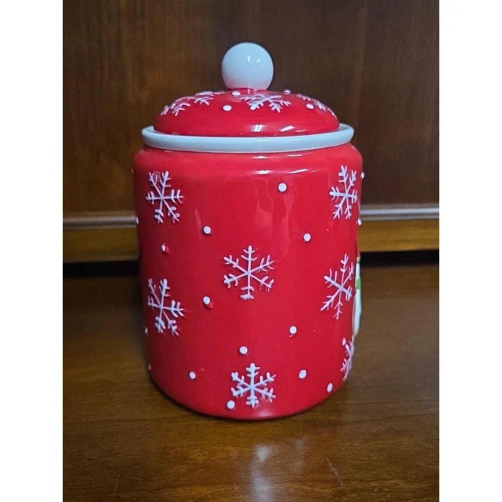 Red Christmas Cookie Jar‎ Hallmark Snowman Holiday Snowflake Candy Cane